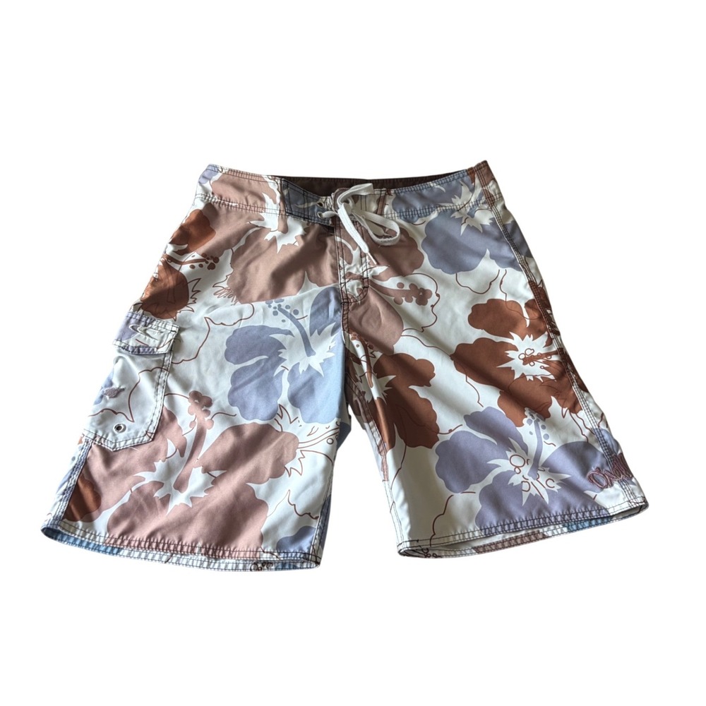 O'Neill Mens Board Shorts Size 32 Brown Blue Hibiscus Floral Tropical Swim Trunk
